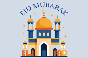 Illustration Mosque Eid Mubarak with Small Lamps, Vector Graphic Elements, Islamic Background