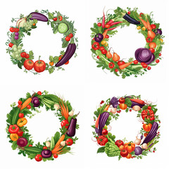Four circular wreaths adorned with a vibrant assortment of fresh, colorful vegetables and herbs, arranged artfully against a white background.