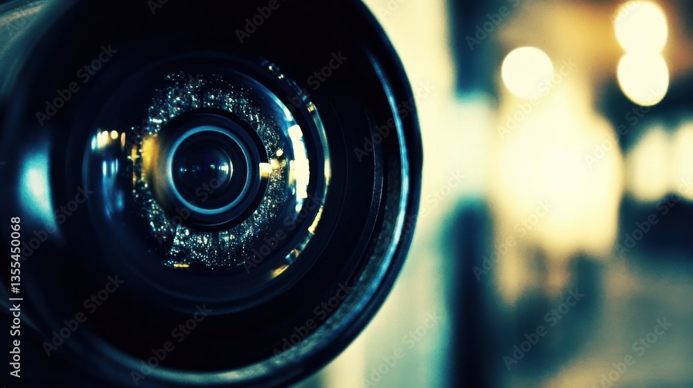 Poster close-up view of camera lens with bokeh background illuminated by soft lights for creative art