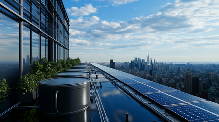 A wide shot of a multi-story urban building with a rainwater collection system integrated into its design, with large tanks and downspouts visible, solar panels on the roof, and th