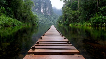 Fototapeta premium Wooden Pier Extends Across Tranquil Lake with Lush Green Forest and Mountain