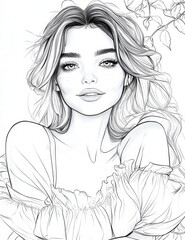Fototapeta premium Elegant Portrait Sketch: A beautiful woman, sketched in refined lines, her flowing hair and gentle features capturing a sense of grace and timeless beauty.