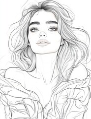 Fototapeta premium Line Art Beauty Portrait: A stunning portrait of a woman with flowing hair and expressive eyes rendered in delicate line art, a captivating glimpse of feminine beauty and grace.