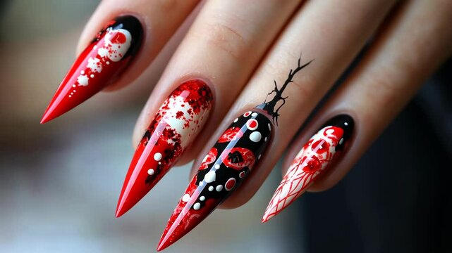 Unique red and black nail art with intricate designs showcasing sharp stiletto shape at a beauty studio