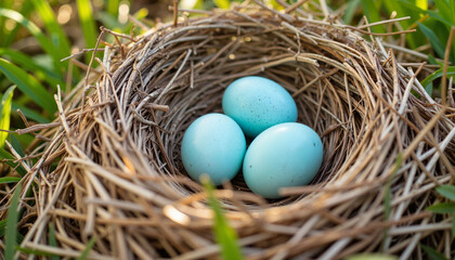 Obraz premium Robin nest with blue eggs in urban garden, symbol of new life