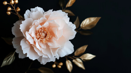 A close-up of a stucco peony in full bloom, with soft, textured petals in shades of pale pink and ivory, golden leaves and small golden buds delicately placed around the flower, cr
