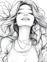 Fototapeta premium Serene Expression: Captivating pencil sketch of a peaceful woman, enveloped by delicate leaves, emanating a sense of tranquility and blissful contentment.