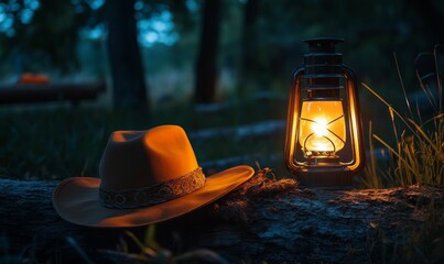 Hat and lantern glow softly in twilight.