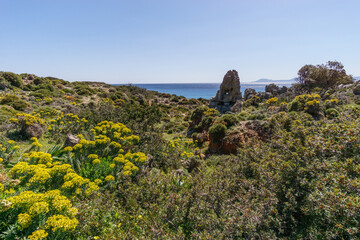 Beautiful landscape of Geopark of Agios Nikolaos at the mediterranean sea coast on a sunny spring day, Laconia, Peloponnese, Greece