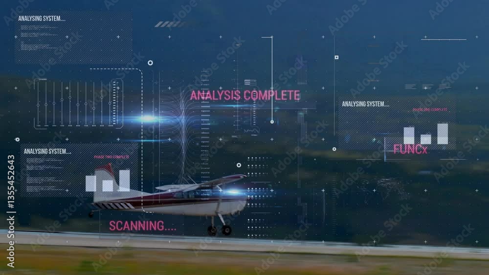 Aufkleber scanning text animation over airplane and mountains during flight analysis complete