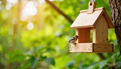 Charming bird at wooden feeder in leafy forest, nature's beauty