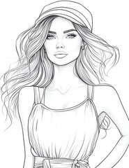 Fototapeta premium Elegant Woman Portrait: A line art drawing of a beautiful woman with flowing hair and fashionable attire, exuding a sense of grace and sophistication.