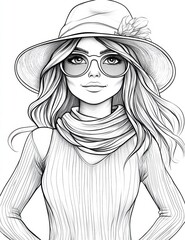 Fototapeta premium Stylish in Shades: A gracefully crafted illustration showcases a fashionable individual adorned in a chic hat, trendy sunglasses, and a scarf, radiating an air of contemporary elegance and charm.