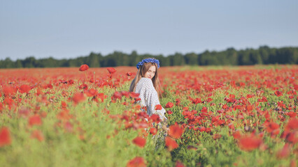 Beautiful young woman wearing blue flower crown posing in a red poppy field on a summer day