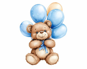 Happy teddy bear with balloons, celebration, white background, greeting card