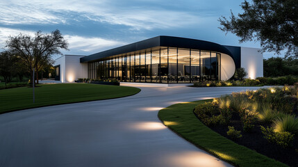 Obraz premium A modern warehouse office with a curved glass facade, black metal accents, and a bold white exterior, surrounded by manicured lawns and large planters filled with greenery. The dri