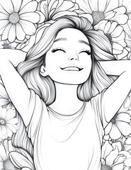 Fototapeta premium Serene Girl Amongst Blooms: A joyful young girl lies amidst a sea of vibrant flowers, a picture of peace and contentment with closed eyes and a beaming smile, surrounded by nature's gentle embrace