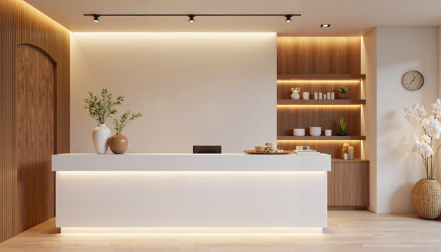 Contemporary spa reception area with ambient lighting, serene environment