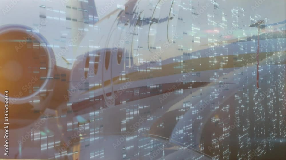 Poster airplane with digital data processing animation overlaying fuselage and sky