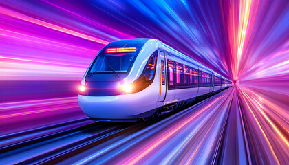 High-speed train, futuristic tunnel, vibrant lights, fast travel