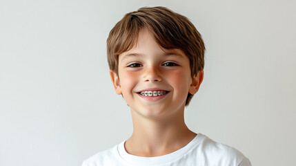 Young boy with braces smiles confidently. He has brown hair and a white t-shirt with a bright white background.