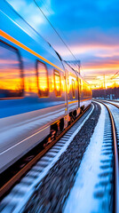 Obraz premium High-speed train, winter sunset, tracks
