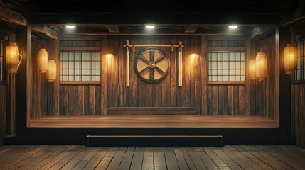 A samurai dojo stage with wooden swords