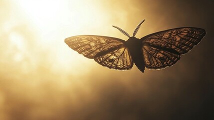 Silhouette of a moth in flight, backlit by a warm sunset.