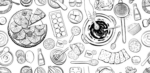 Tart Ingredients Seamless Pattern in Black Lines