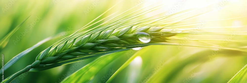 Poster close-up of dewdrop resting on a fresh green wheat leaf with soft natural lighting and detailed refl