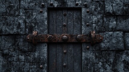 Medieval Rustic Wooden Door with Rusty Metal Dark Stone Wall Texture Background