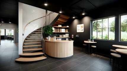 Modern Minimalist Cafe Interior with Spiral Staircase