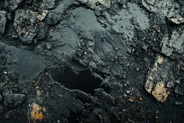 Weathered asphalt with yellow line and potholes. AI generated