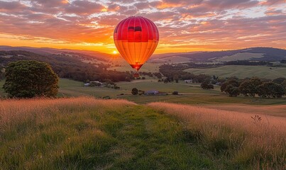 Obraz premium Hot air balloon ascends over rolling hills at sunset, casting a warm glow across the landscape