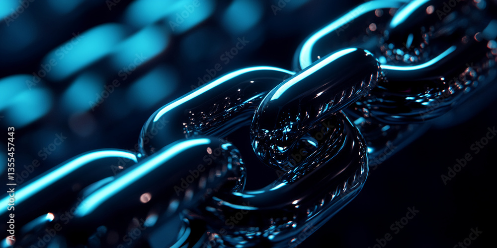 Poster close-up of a metallic chain with blue lighting, showcasing its reflective surface and interconnecte