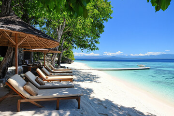 Fototapeta premium Idyllic beach resort with sun loungers and turquoise water invites relaxation and tranquility on a tropical getaway. Perfect vacation spot.