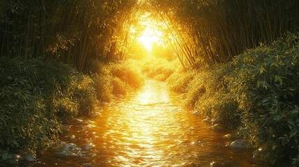 Obraz premium Sunlit stream flows through lush bamboo forest.