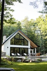 Stylish contemporary cabin set in a peaceful forest landscape with large windows and a spacious patio featuring comfortable seating for outdoor relaxation