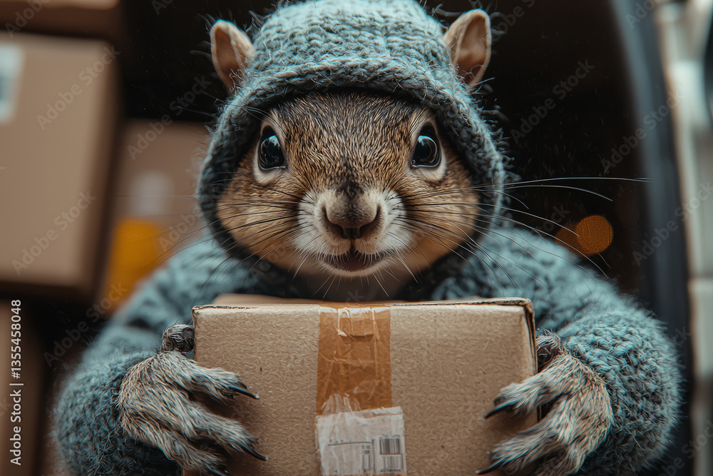 Poster squirrel dressed as delivery driver sorting packages into van preparing for daily route service. con