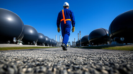 A diligent industrial worker in flame-retardant gear walking along the perimeter of a giant LNG storage sphere, checking structural anchors and safety valves, with the sprawling en