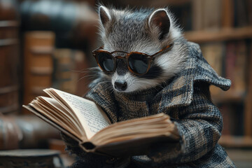 Skunk dressed as detective solving mystery case file notebook open writing clues found during investigation. Concept of investigative reasoning.
