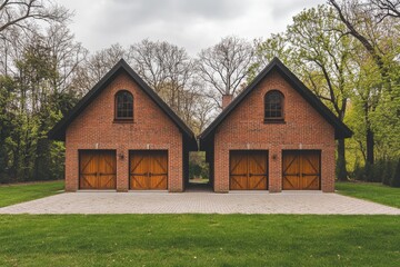 Fototapeta premium Two beautiful brick garages nestled in a lush green landscape during a cloudy afternoon in a tranquil suburban neighborhood