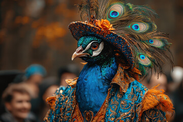 Obraz premium Peacock dressed as magician performing tricks pulling rabbit out of hat astonishing captivated audience members. Concept of illusion magic.