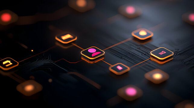 Glowing Orange and Pink Network Nodes on Dark Circuit Board Background