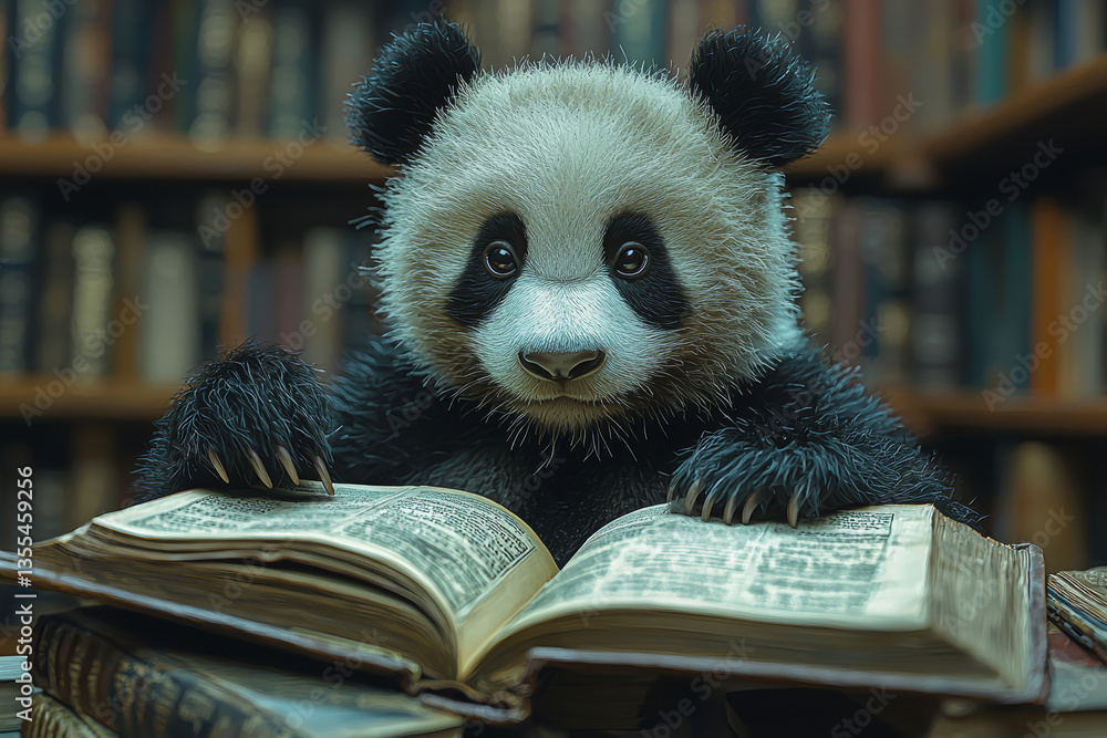 Poster panda working as librarian organizing books on shelves with dewey decimal system chart visible nearb