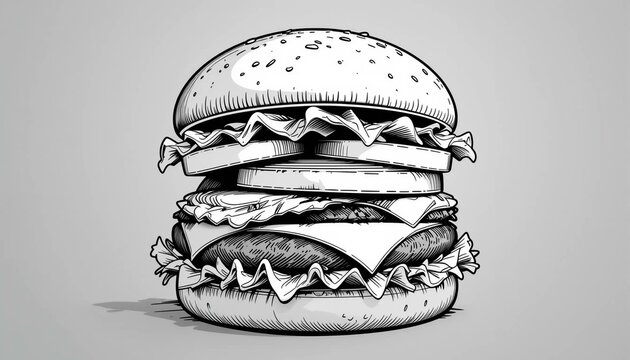 Dessin illustration logo ic&ocirc;ne symbole burger fastfood noir et blanc restaurant bistro.