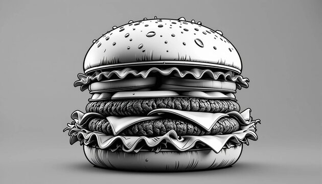 Dessin illustration logo ic&ocirc;ne symbole burger fastfood noir et blanc restaurant bistro.