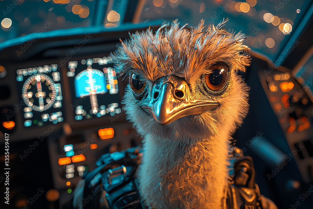 Poster ostrich dressed as pilot flying airplane cockpit controls panel lit up showing flight instruments da