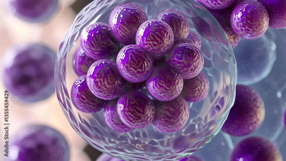 Poster 3d illustration of purple cells representing microorganisms and their complex structures under a mic