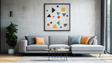 Modern living room, abstract art piece, concrete walls